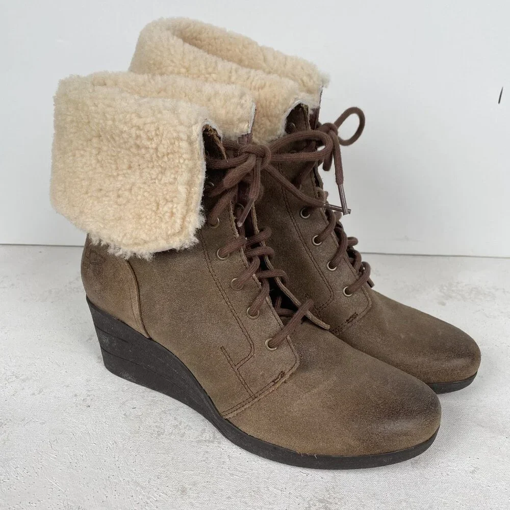 UGG Waterproof Zea Wedge Boots Womens 10 Brown Suede‎ Lace Up